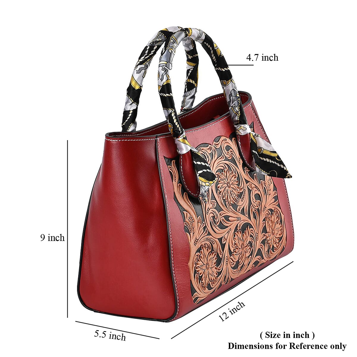 Grand Pelle Royal Collection Red with Solid Color Hand Engraving Flower Pattern Genuine Leather Tote Bag image number 2