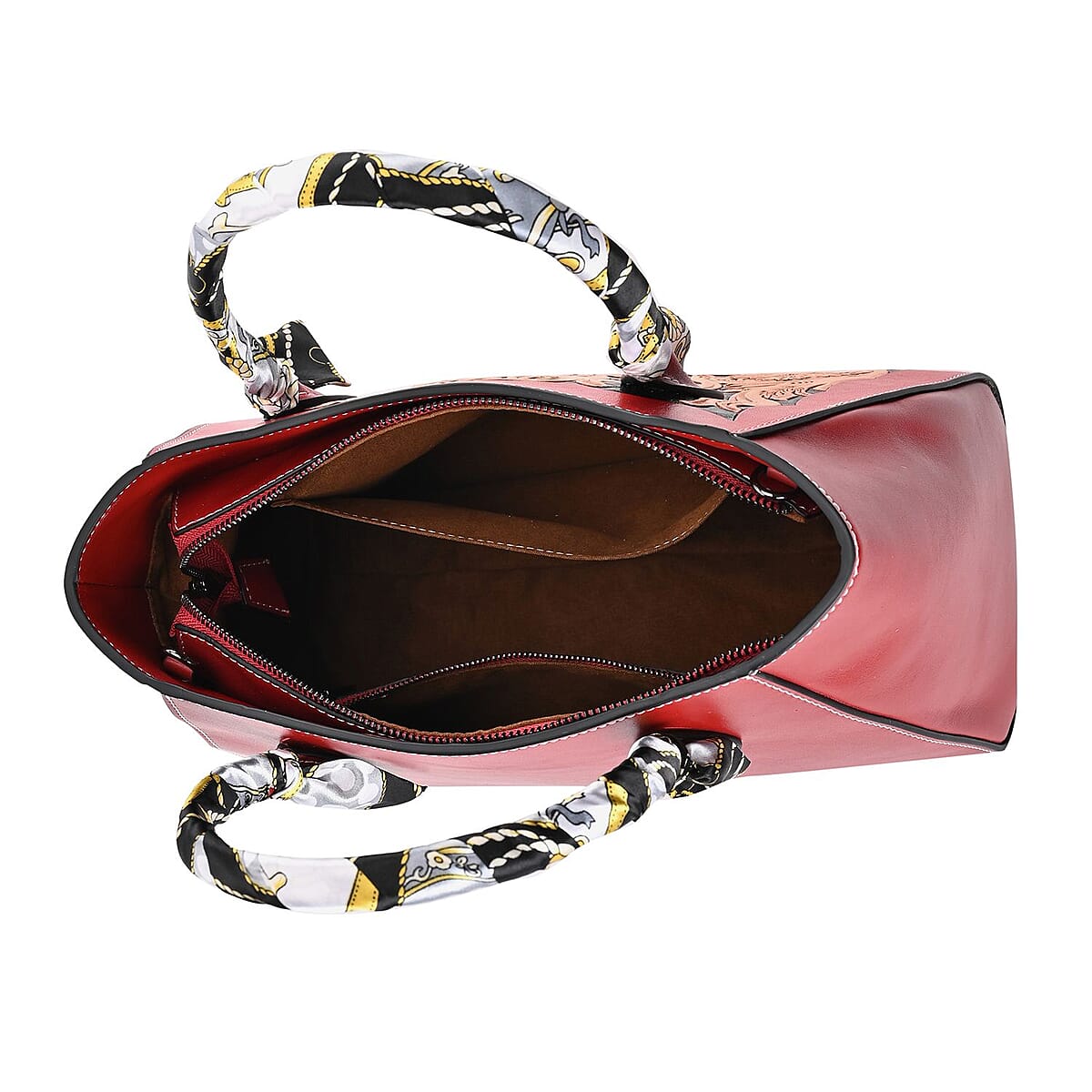 Grand Pelle Royal Collection Red with Solid Color Hand Engraving Flower Pattern Genuine Leather Tote Bag image number 5