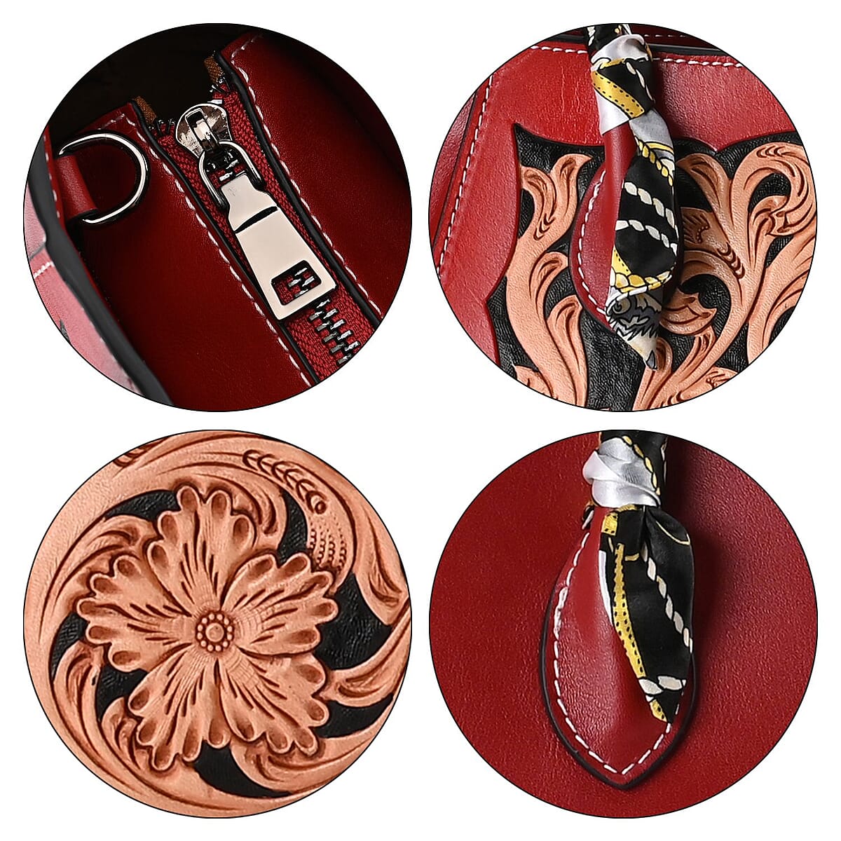 Grand Pelle Royal Collection Red with Solid Color Hand Engraving Flower Pattern Genuine Leather Tote Bag image number 6