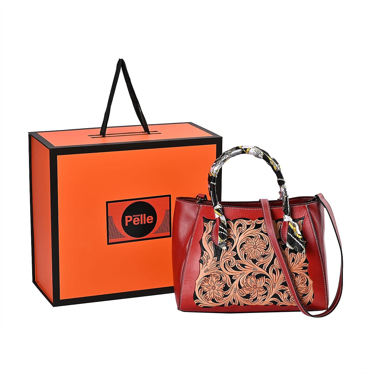 Grand Pelle Royal Collection Red with Solid Color Hand Engraving Flower Pattern Genuine Leather Tote Bag image number 7