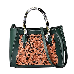 Grand Pelle Royal Collection Green with Solid Color Hand Engraving Flower Pattern Genuine Leather Tote Bag