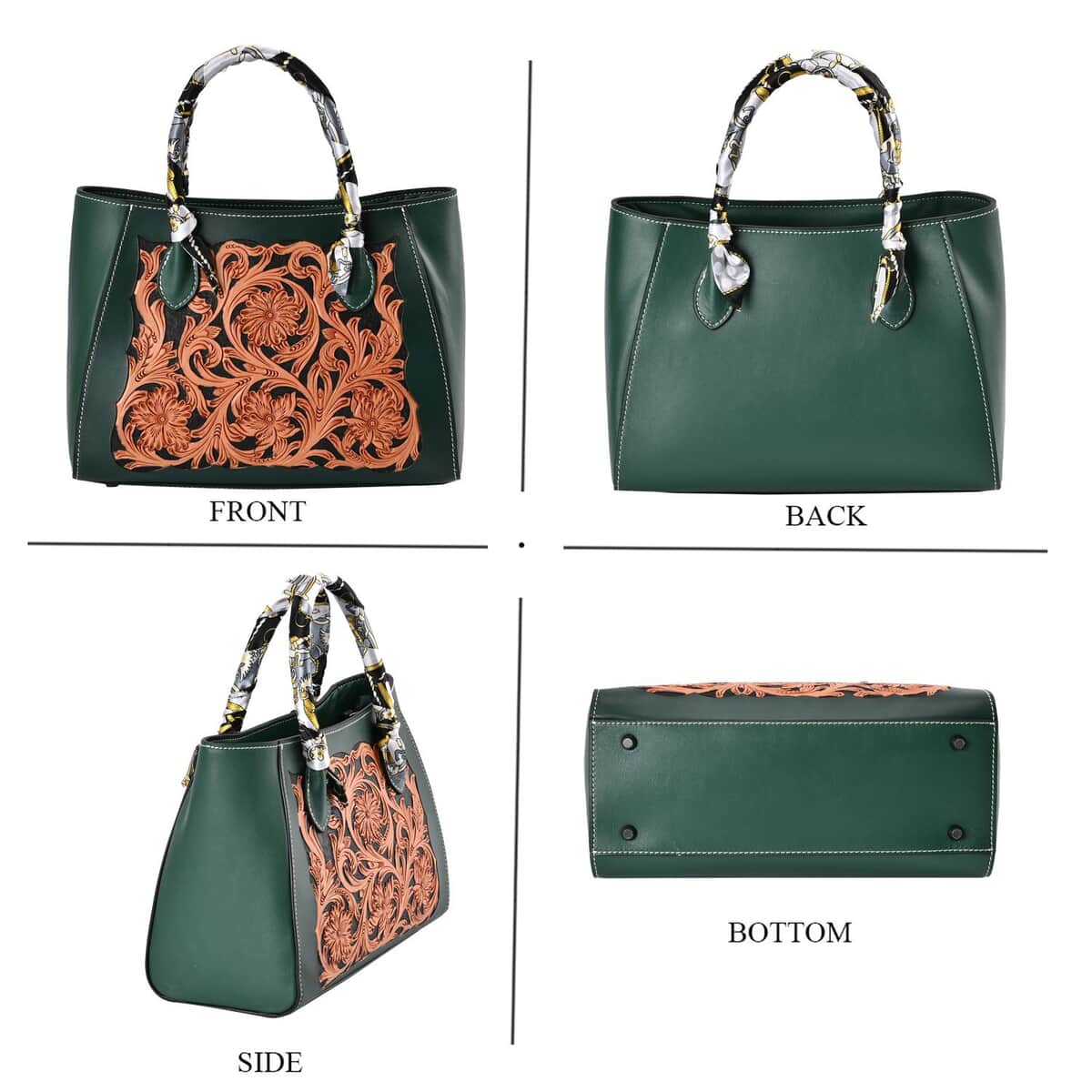 Grand Pelle Royal Collection Green with Solid Color Hand Engraving Flower Pattern Genuine Leather Tote Bag image number 3