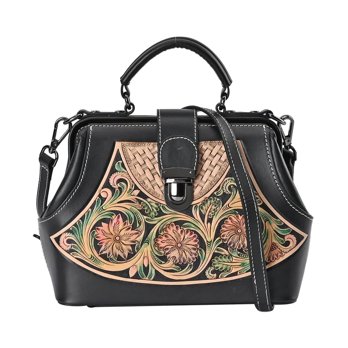 Grand Pelle Black with Multi Color Hand Engraving Flower Pattern Genuine Leather Crossbody Bag (9"x7"x4") image number 0