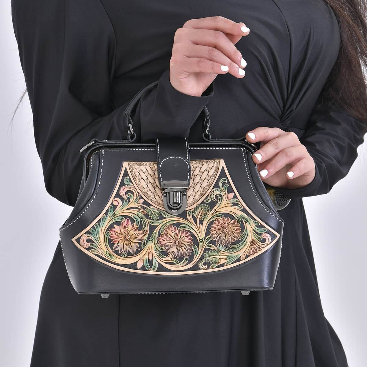 Grand Pelle Black with Multi Color Hand Engraving Flower Pattern Genuine Leather Crossbody Bag (9"x7"x4") image number 2