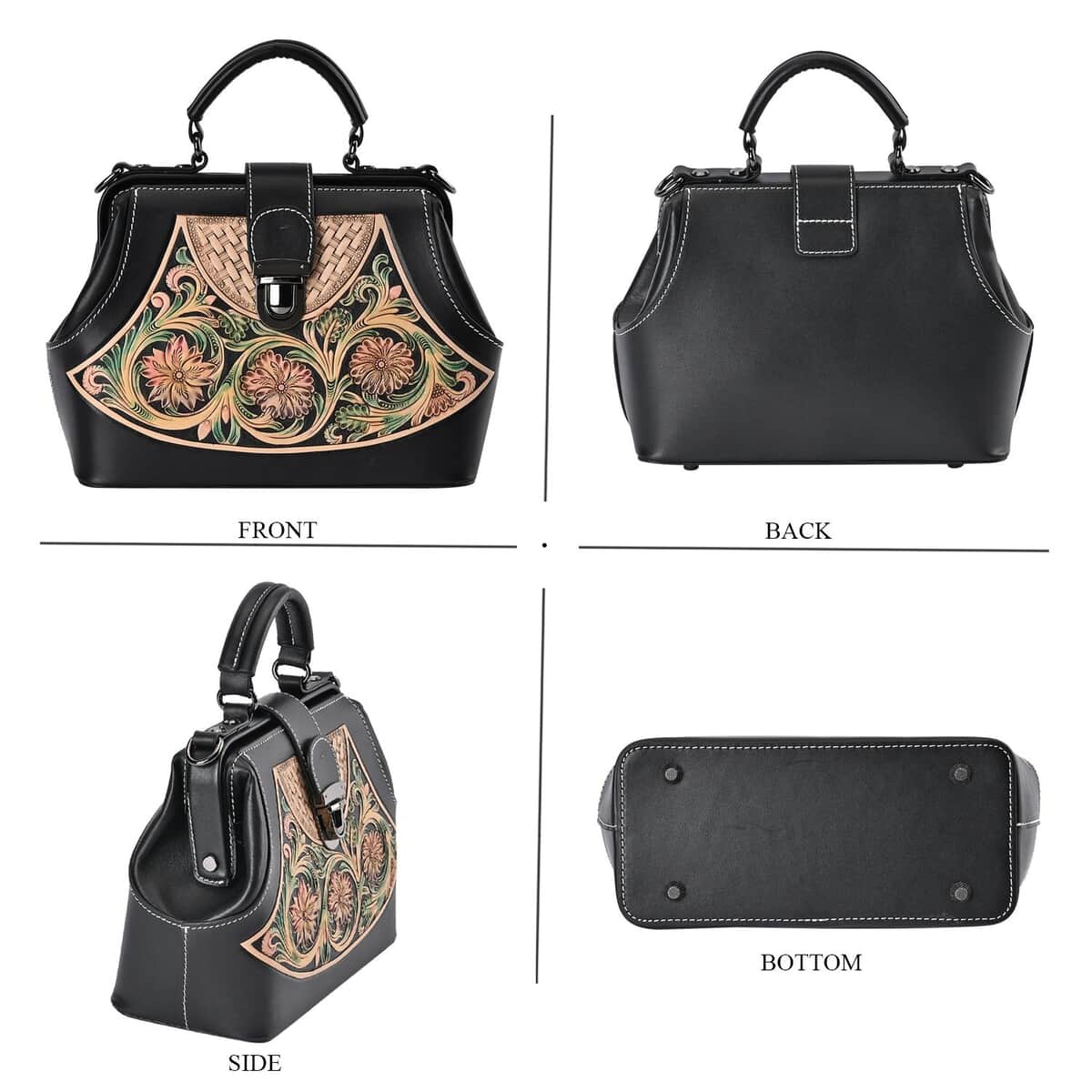 Grand Pelle Black with Multi Color Hand Engraving Flower Pattern Genuine Leather Crossbody Bag (9"x7"x4") image number 3