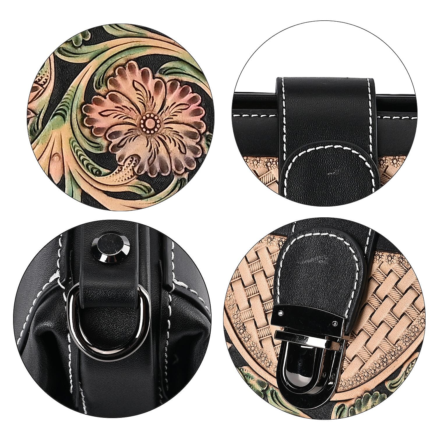 Grand Pelle Royal Collection Black with Multi Color Hand Engraving Flower Pattern Genuine Leather Crossbody Bag