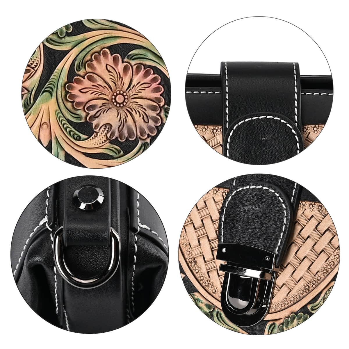 Grand Pelle Royal Collection Black with Multi Color Hand Engraving Flower Pattern Genuine Leather Crossbody Bag image number 5