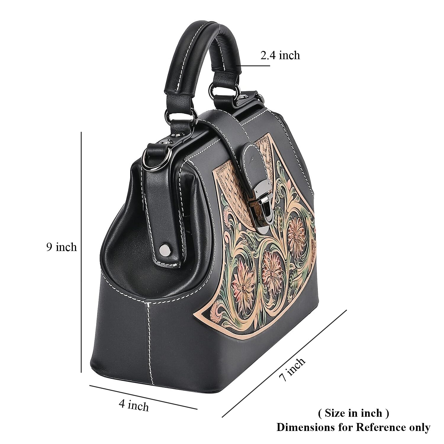 Grand Pelle Royal Collection Black with Multi Color Hand Engraving Flower Pattern Genuine Leather Crossbody Bag