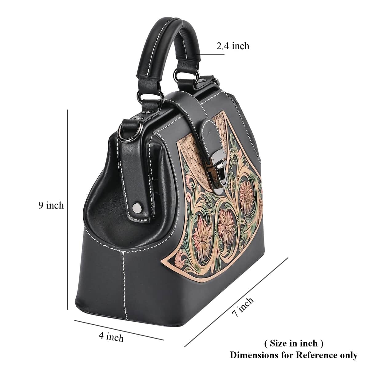 Grand Pelle Black with Multi Color Hand Engraving Flower Pattern Genuine Leather Crossbody Bag (9"x7"x4") image number 7