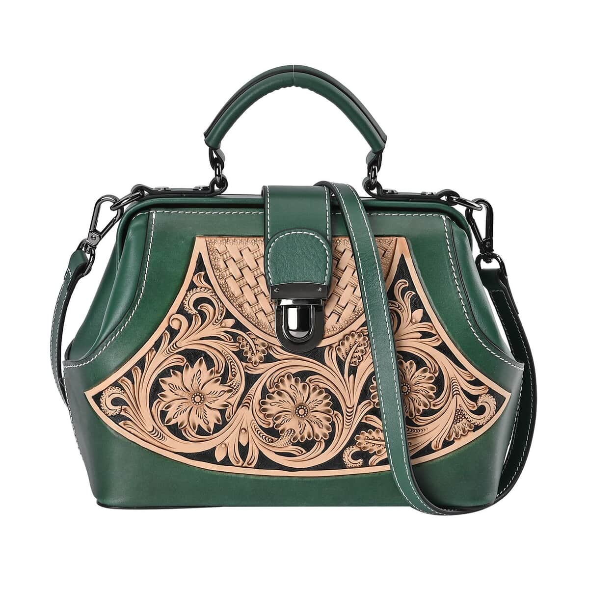 Grand Pelle Royal Collection Green with Solid Color Hand Engraving Flower Pattern Genuine Leather Crossbody Bag image number 0