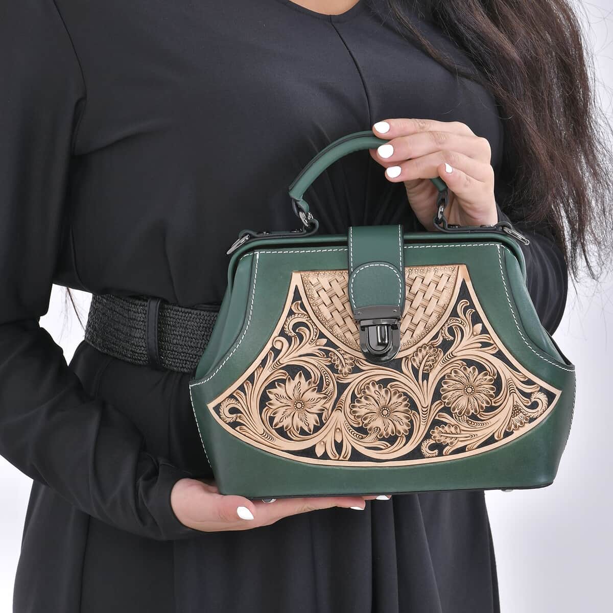 Grand Pelle Royal Collection Green with Solid Color Hand Engraving Flower Pattern Genuine Leather Crossbody Bag image number 2