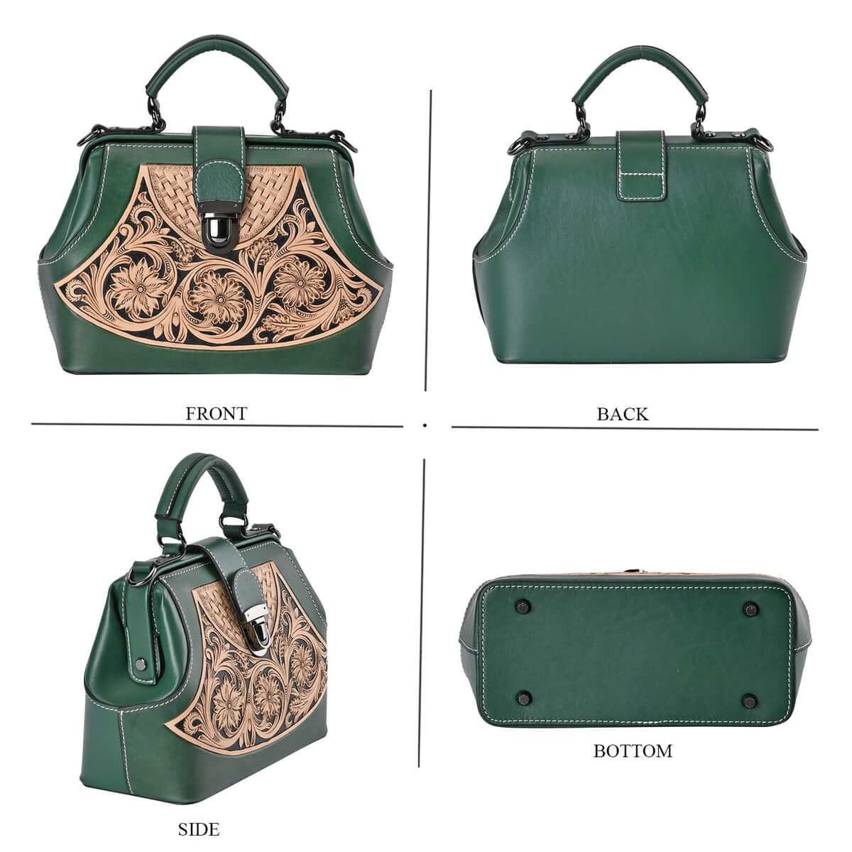 Grand Pelle Royal Collection Green with Solid Color Hand Engraving Flower Pattern Genuine Leather Crossbody Bag image number 3