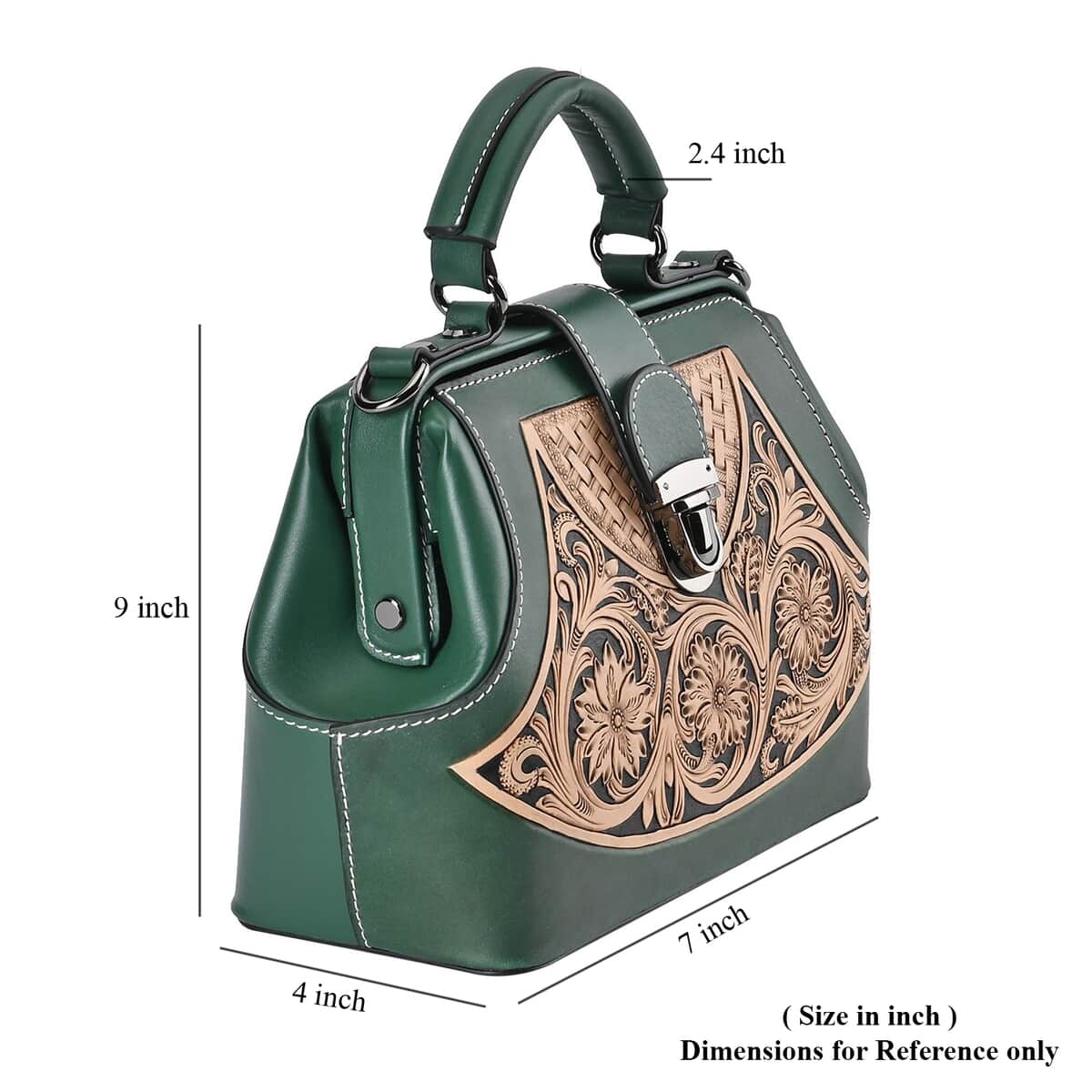 Grand Pelle Royal Collection Green with Solid Color Hand Engraving Flower Pattern Genuine Leather Crossbody Bag image number 7