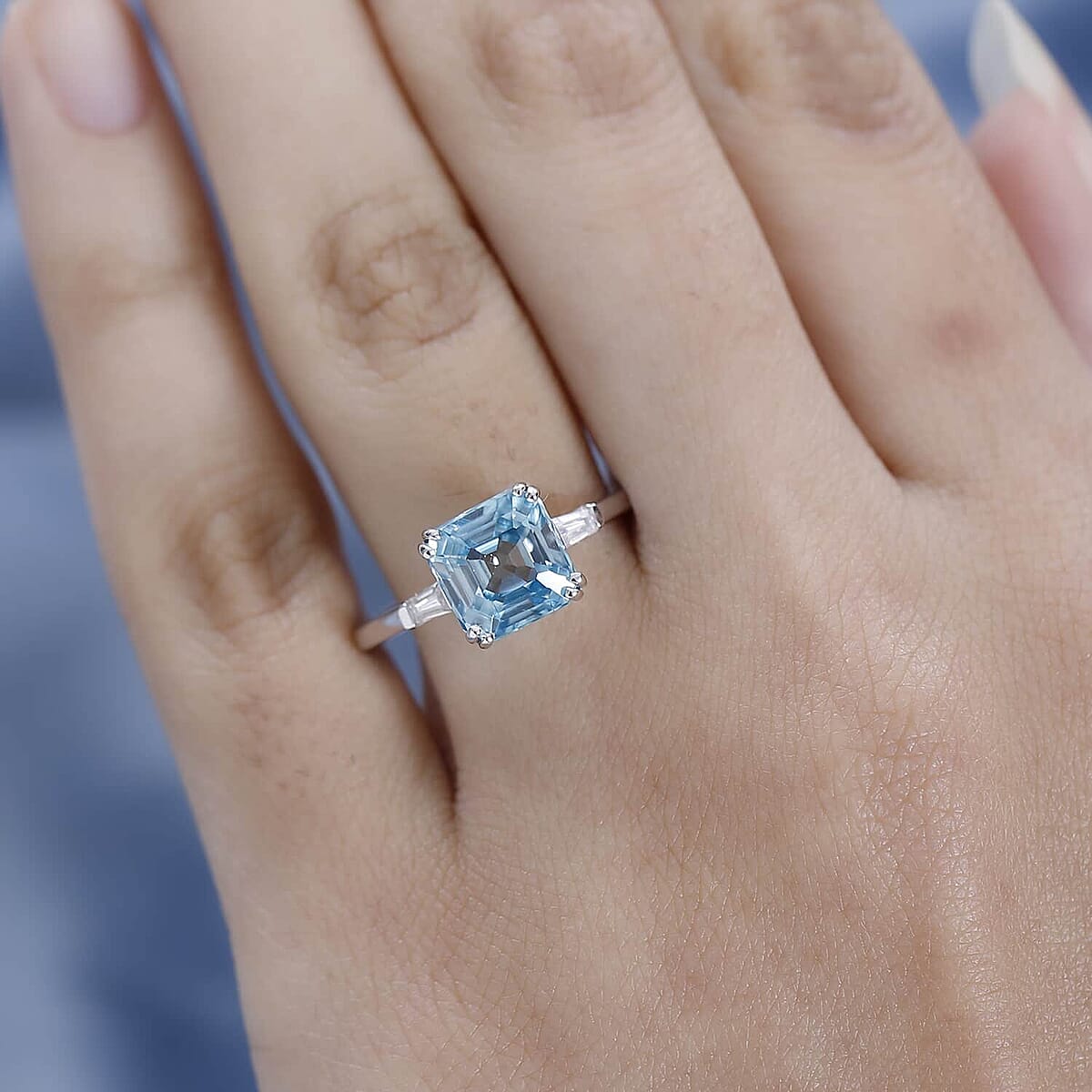 Luxoro 10K White Gold Premium Ratanakiri Blue Zircon and Moissanite Ring 4.15 ctw image number 2