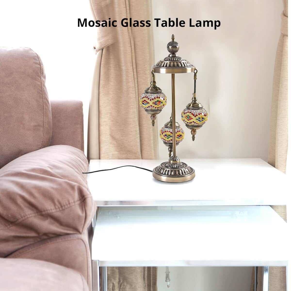 3 Globe Mosaic Glass Handmade Antique Turkish Lamp with Bronze Base, Multi-purpose Use(Bedside,Indoor), Colorful Stained Glass Lantern image number 1