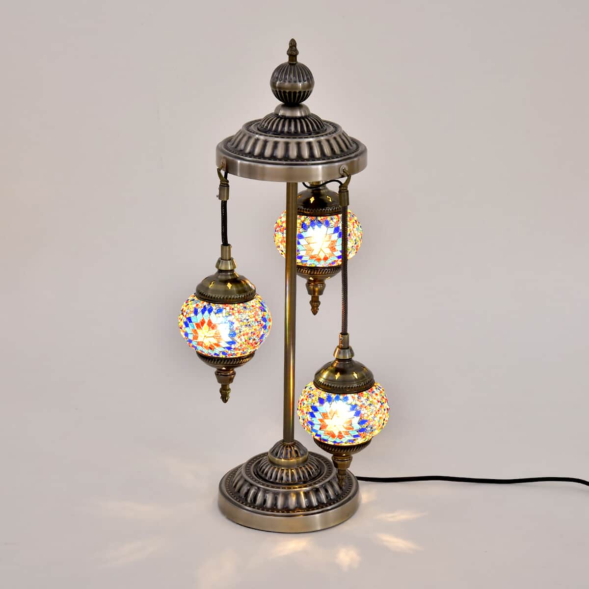 3 Globe Mosaic Glass Handmade Antique Turkish Lamp with Bronze Base, Multi-purpose Use(Bedside,Indoor), Colorful Stained Glass Lantern image number 0