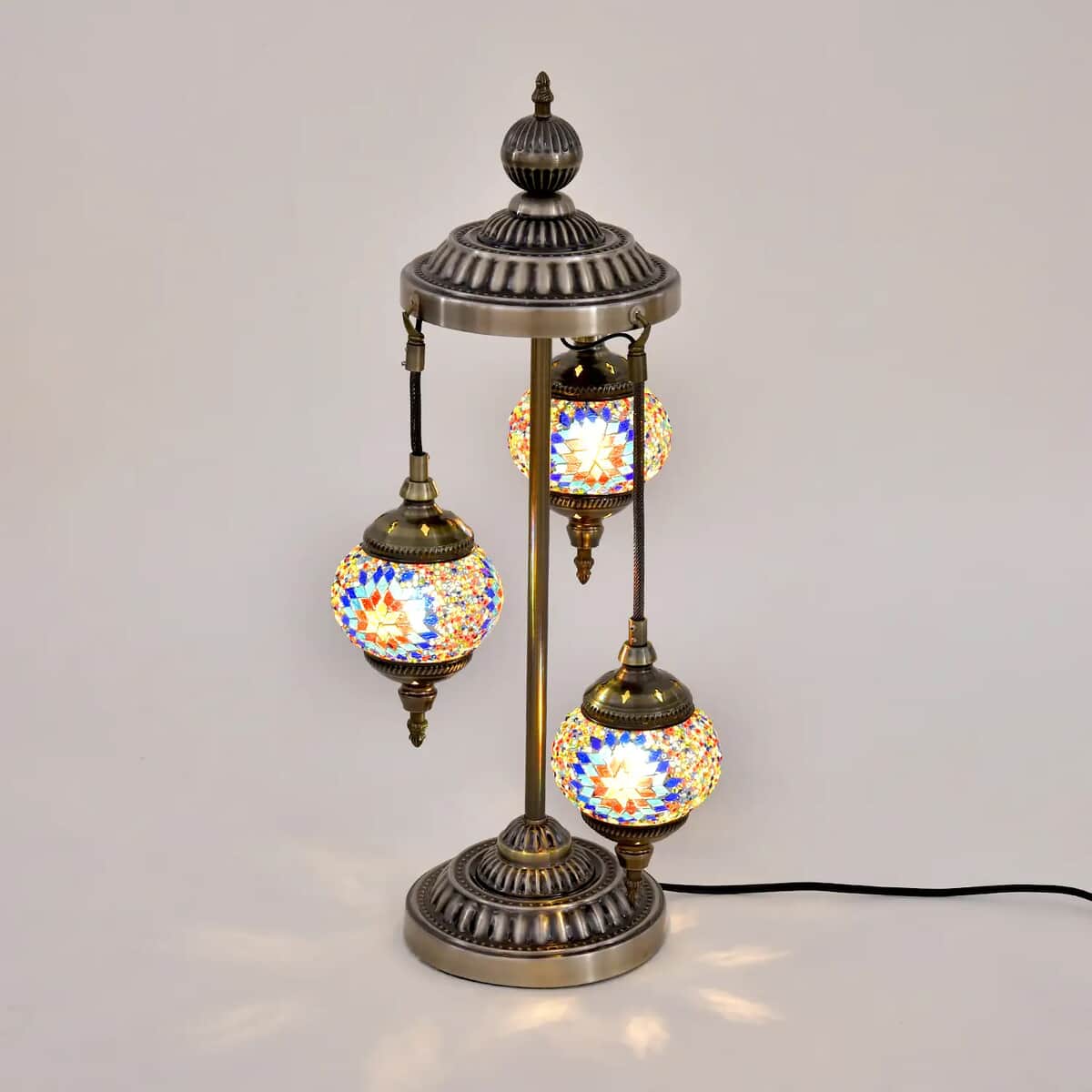 3 Globe Mosaic Glass Handmade Antique Turkish Lamp with Bronze Base, Multi-purpose Use(Bedside,Indoor), Colorful Stained Glass Lantern image number 1