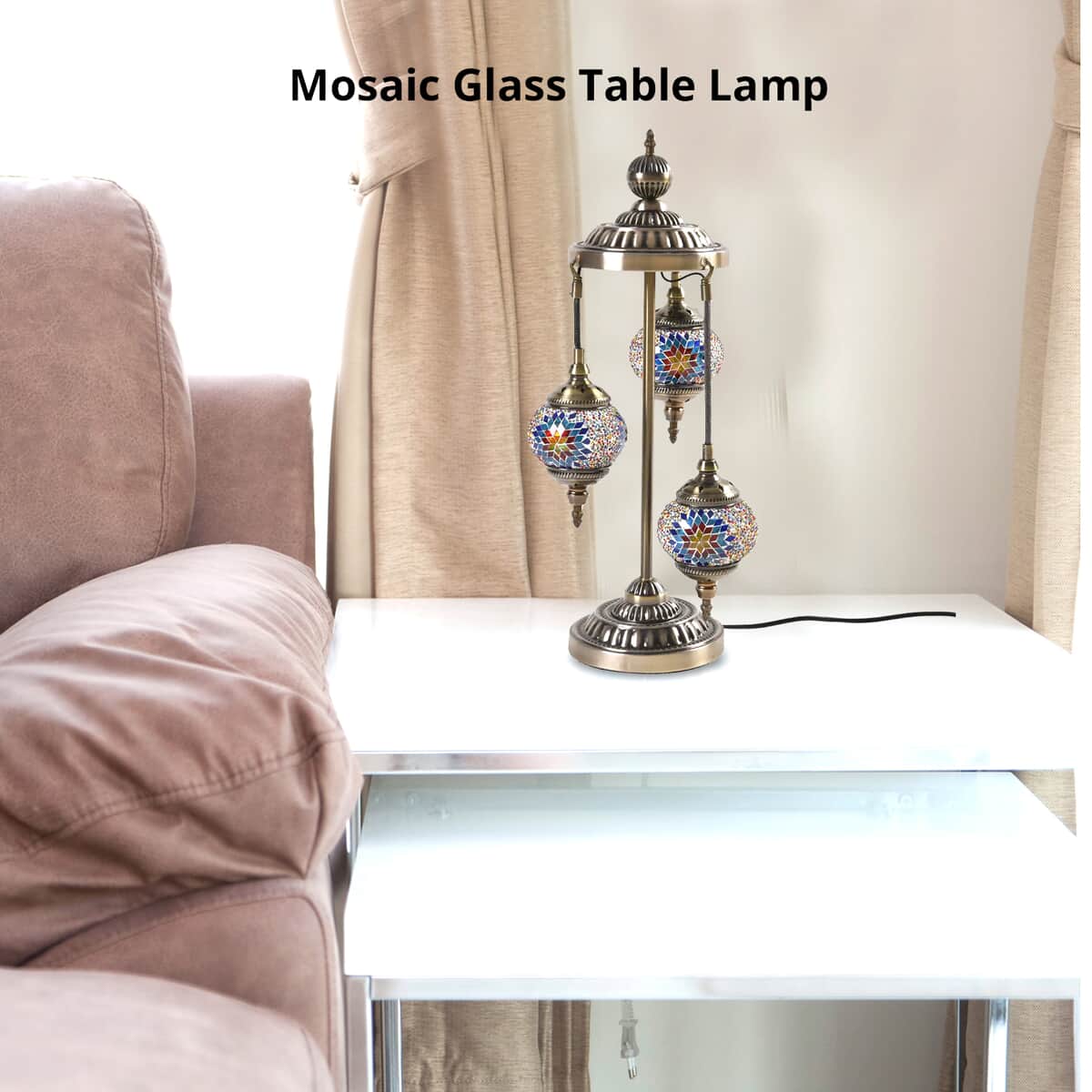 3 Globe Mosaic Glass Handmade Antique Turkish Lamp with Bronze Base, Multi-purpose Use(Bedside,Indoor), Colorful Stained Glass Lantern image number 2