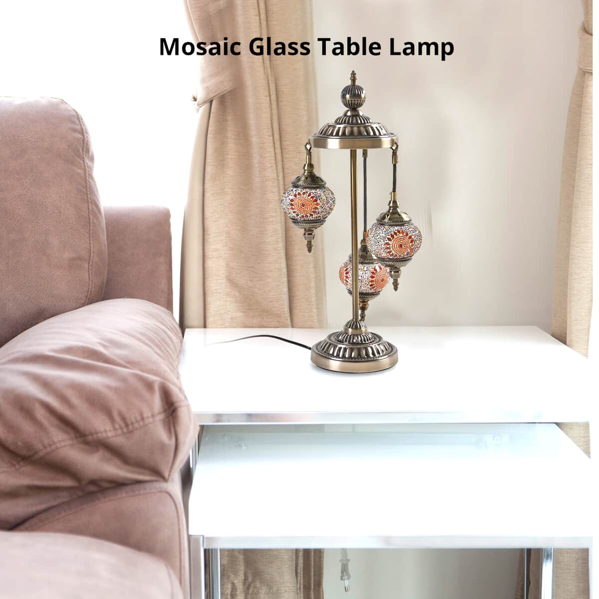 Doorbuster 3 Globe Mosaic Glass Handmade Antique Turkish Inspired Lamp with Bronze Base, Multi-purpose Use(Bedside,Indoor), Colorful Stained Glass Lantern image number 2