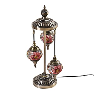 3 Globe Mosaic Glass Handmade Antique Turkish Inspired Lamp with Bronze Base, Multi-purpose Use(Bedside,Indoor), Colorful Stained Glass Lantern