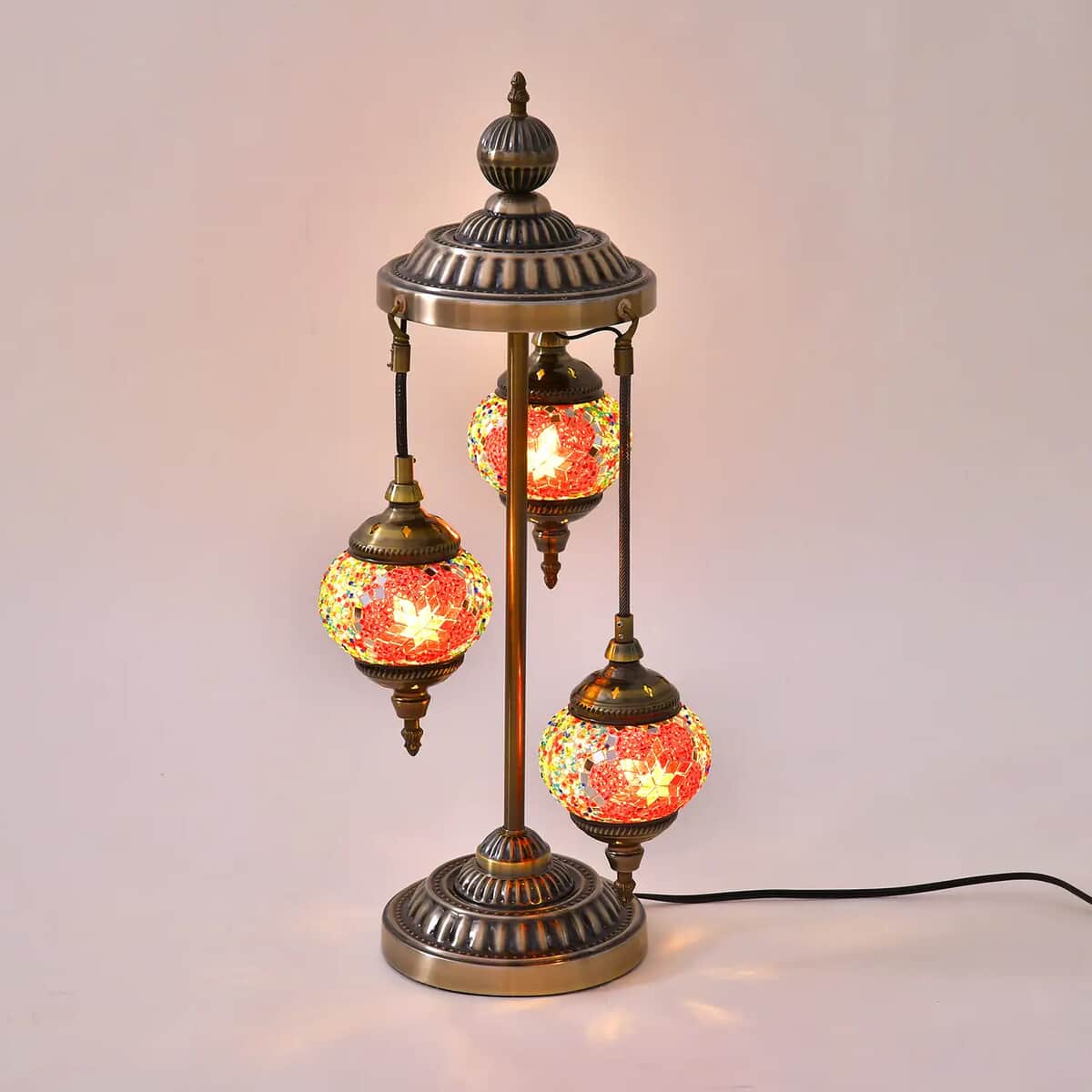 3 Globe Mosaic Glass Handmade Antique Turkish Inspired Lamp with Bronze Base, Multi-purpose Use(Bedside,Indoor), Colorful Stained Glass Lantern image number 1