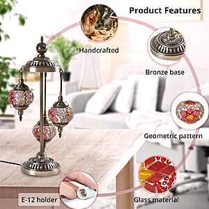 3 Globe Mosaic Glass Handmade Antique Turkish Inspired Lamp with Bronze Base, Multi-purpose Use(Bedside,Indoor), Colorful Stained Glass Lantern