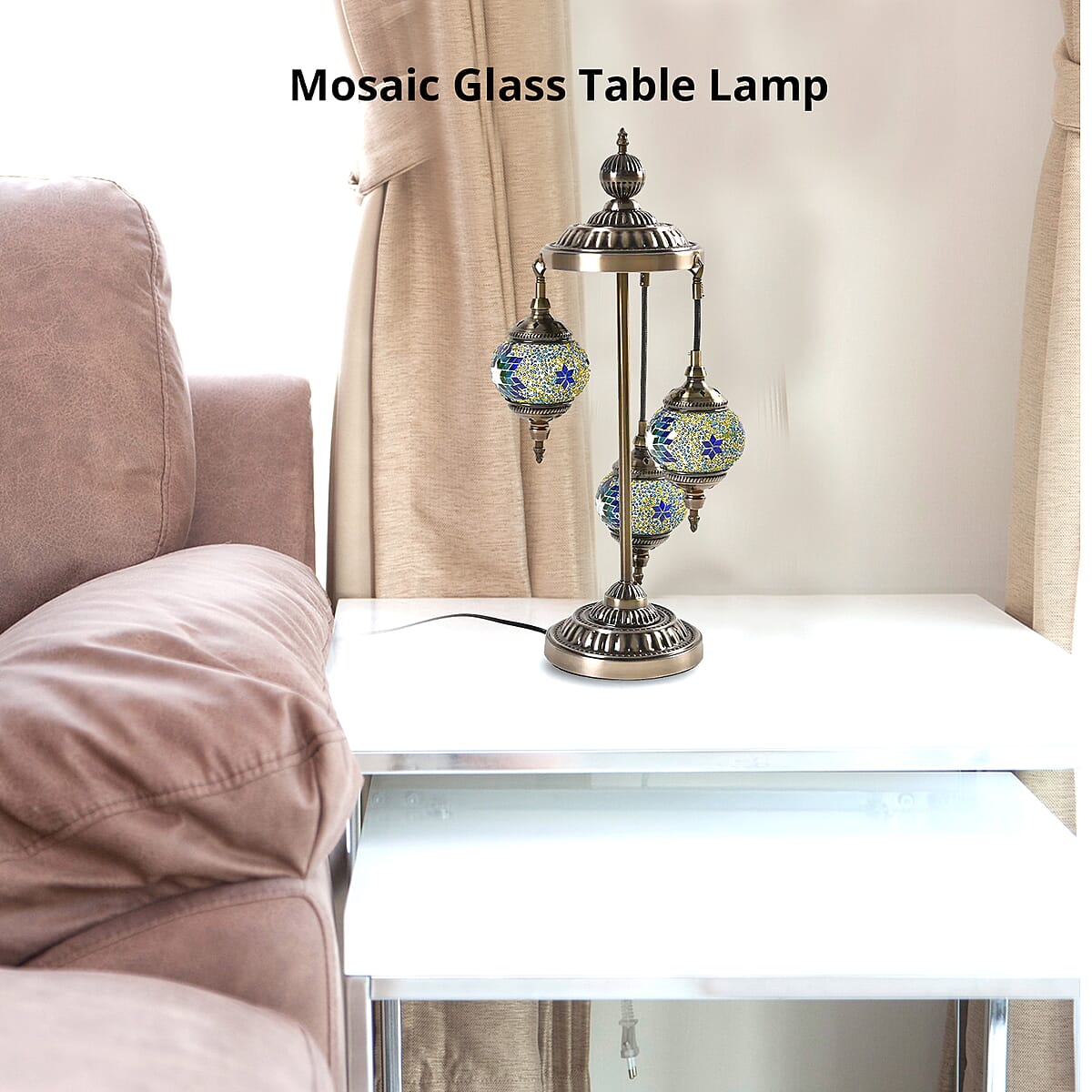 3 Globe Mosaic Glass Handmade Antique Turkish Inspired Lamp with Bronze Base, Multi-purpose Use(Bedside,Indoor), Colorful Stained Glass Lantern image number 2