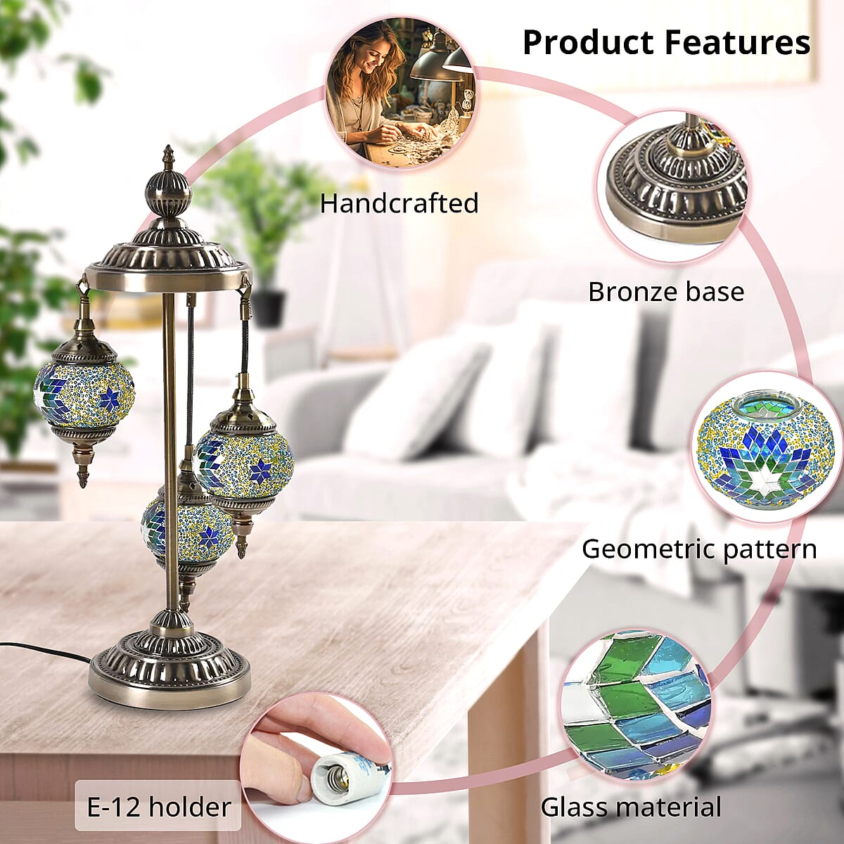 3 Globe Mosaic Glass Handmade Antique Turkish Inspired Lamp with Bronze Base, Multi-purpose Use(Bedside,Indoor), Colorful Stained Glass Lantern image number 3