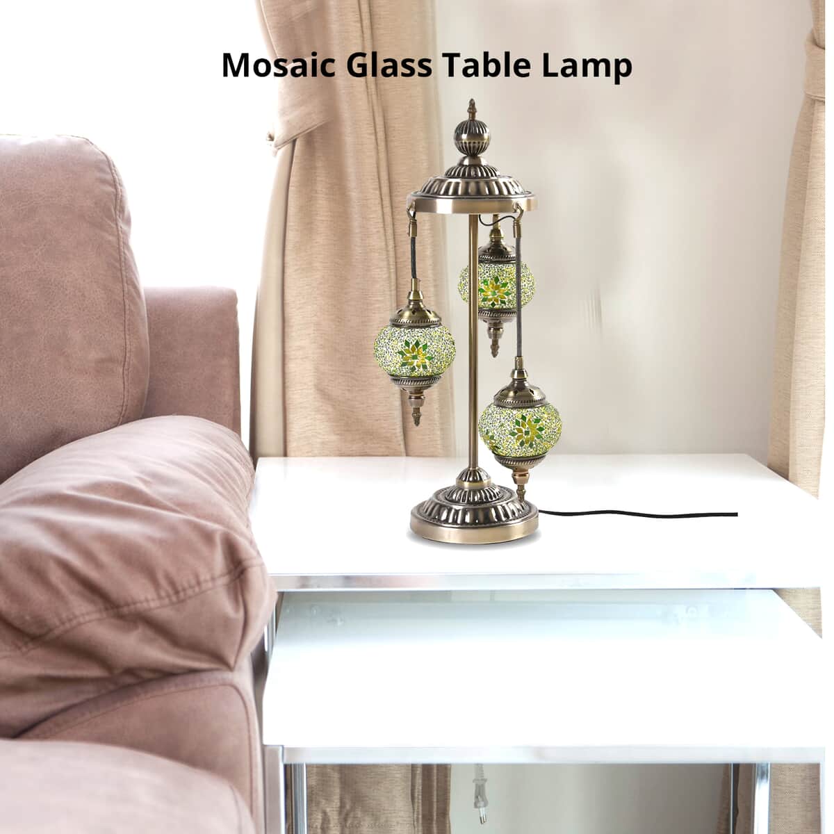 3 Globe Mosaic Glass Handmade Antique Turkish Inspired Lamp with Bronze Base, Multi-purpose Use(Bedside,Indoor), Colorful Stained Glass Lantern image number 2