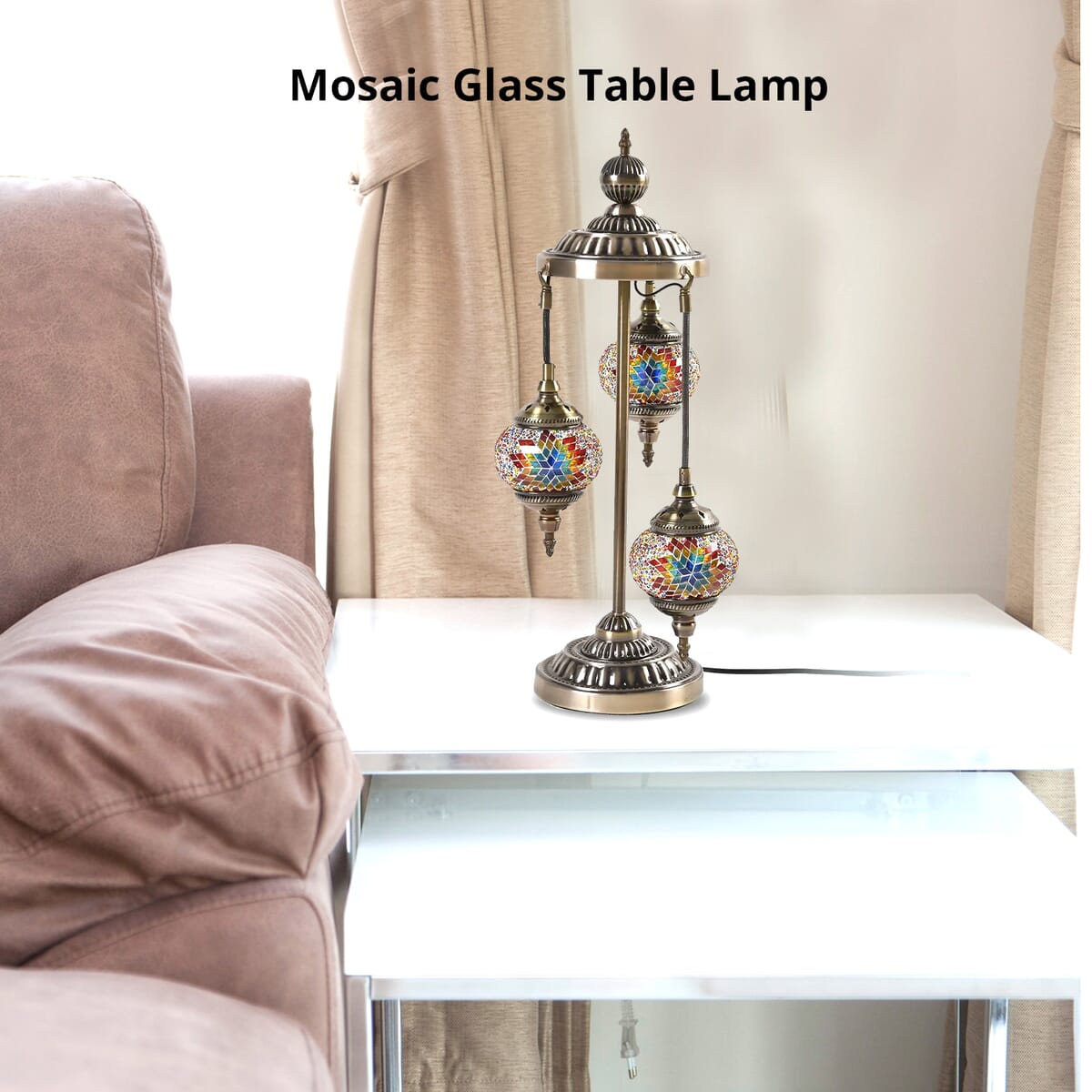 3 Globe Mosaic Glass Handmade Antique Turkish Inspired Lamp with Bronze Base, Multi-purpose Use(Bedside,Indoor), Colorful Stained Glass Lantern image number 2
