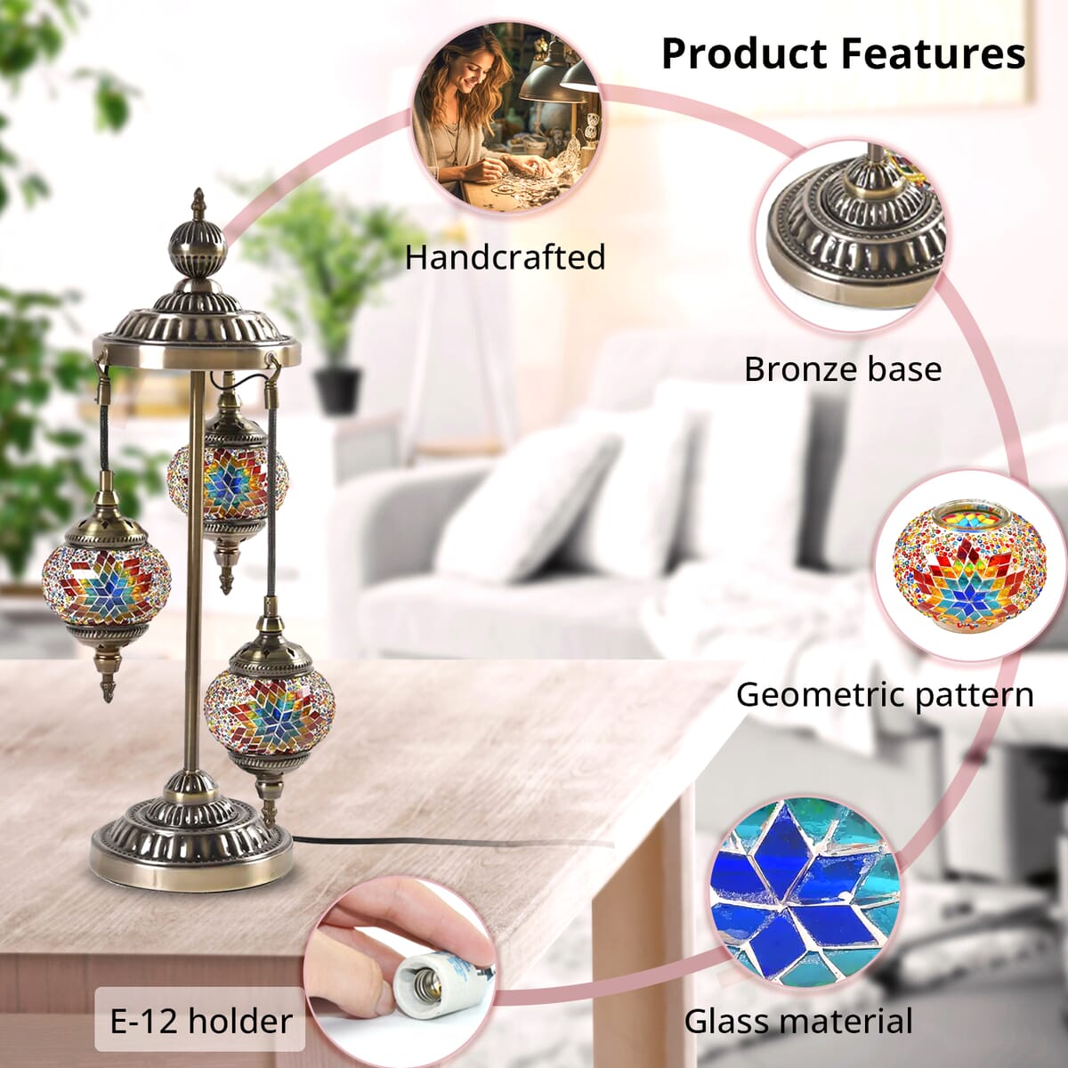 3 Globe Mosaic Glass Handmade Antique Turkish Inspired Lamp with Bronze Base, Multi-purpose Use(Bedside,Indoor), Colorful Stained Glass Lantern image number 3