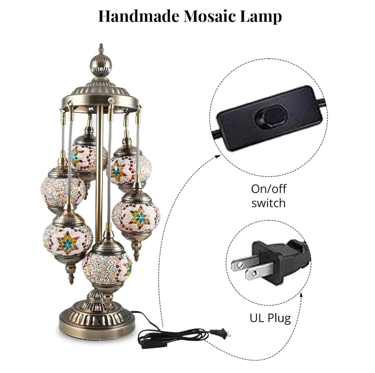 Handmade Turkish 6 Globe Mosaic Glass Table Lamp with Bronze Base (8.3"x26.8") (Bulb Type E12) image number 2