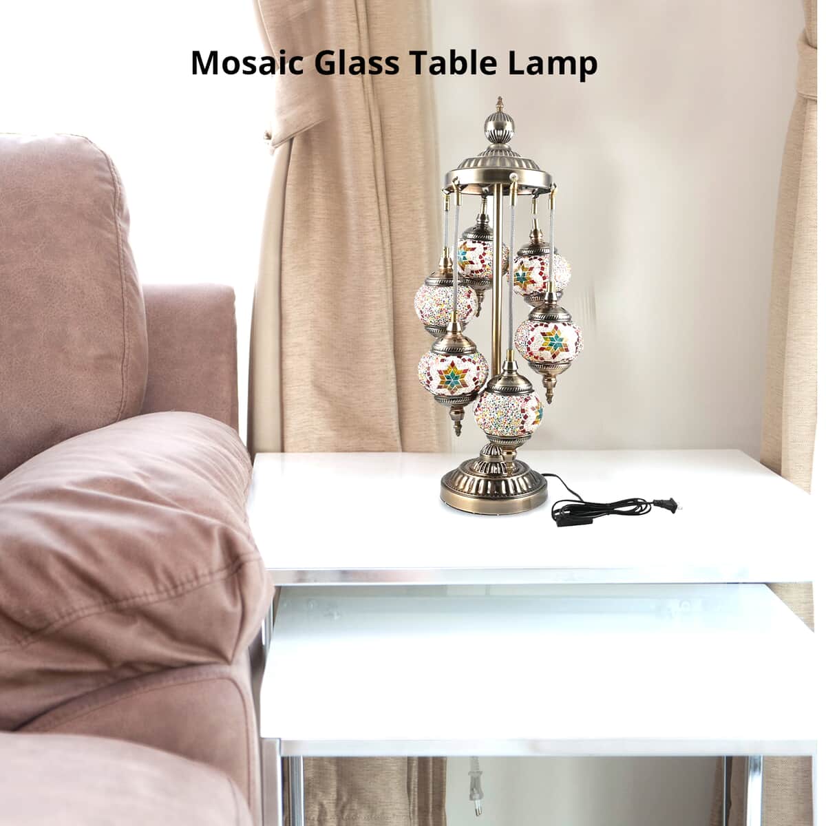 Handmade Turkish 6 Globe Mosaic Glass Table Lamp with Bronze Base (8.3"x26.8") (Bulb Type E12) image number 3