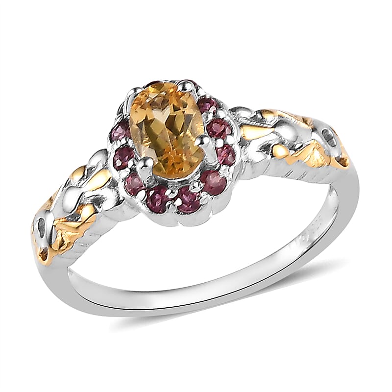 Premium Brazilian Heliodor and Orissa Rhodolite Garnet Ring in Vermeil Yellow Gold and Platinum Over Sterling Silver (Size 5.0) 0.70 ctw