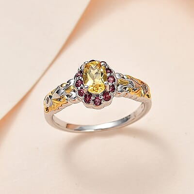 Premium Brazilian Heliodor and Orissa Rhodolite Garnet Ring in Vermeil Yellow Gold and Platinum Over Sterling Silver (Size 5.0) 0.70 ctw