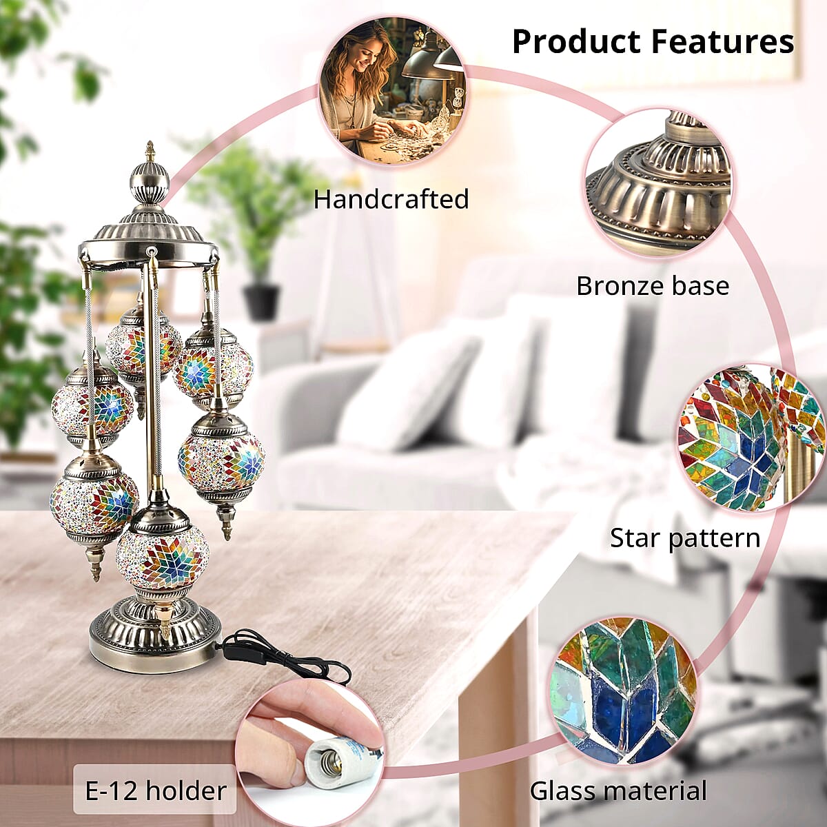 Handmade Turkish 6 Globe Mosaic Glass Table Lamp with Bronze Base (Bulb Type E12) image number 1