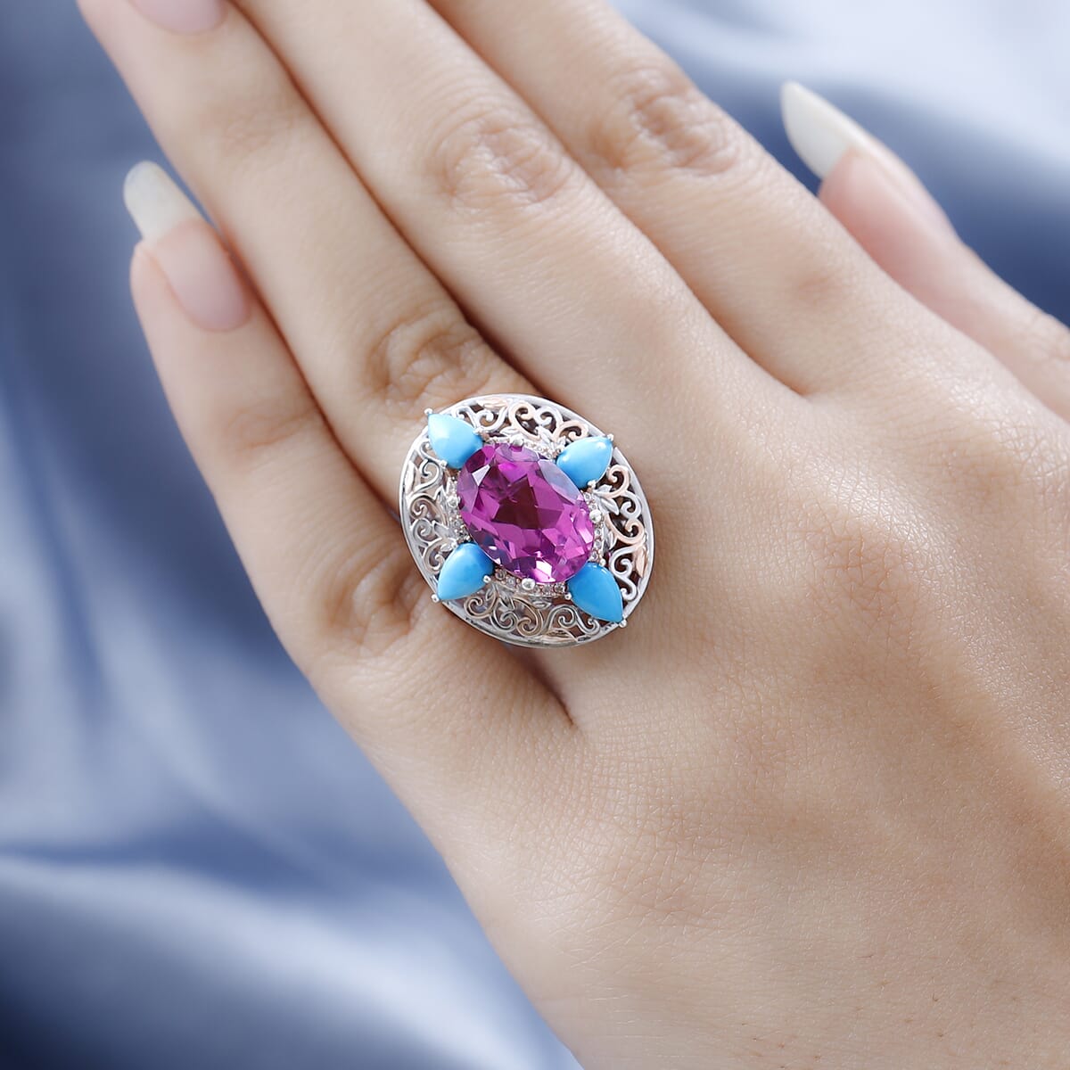 Radiant Orchid Quartz (Triplet) and Multi Gemstone Ring in Vermeil Rose Gold and Platinum Over Sterling Silver 8.25 ctw image number 2