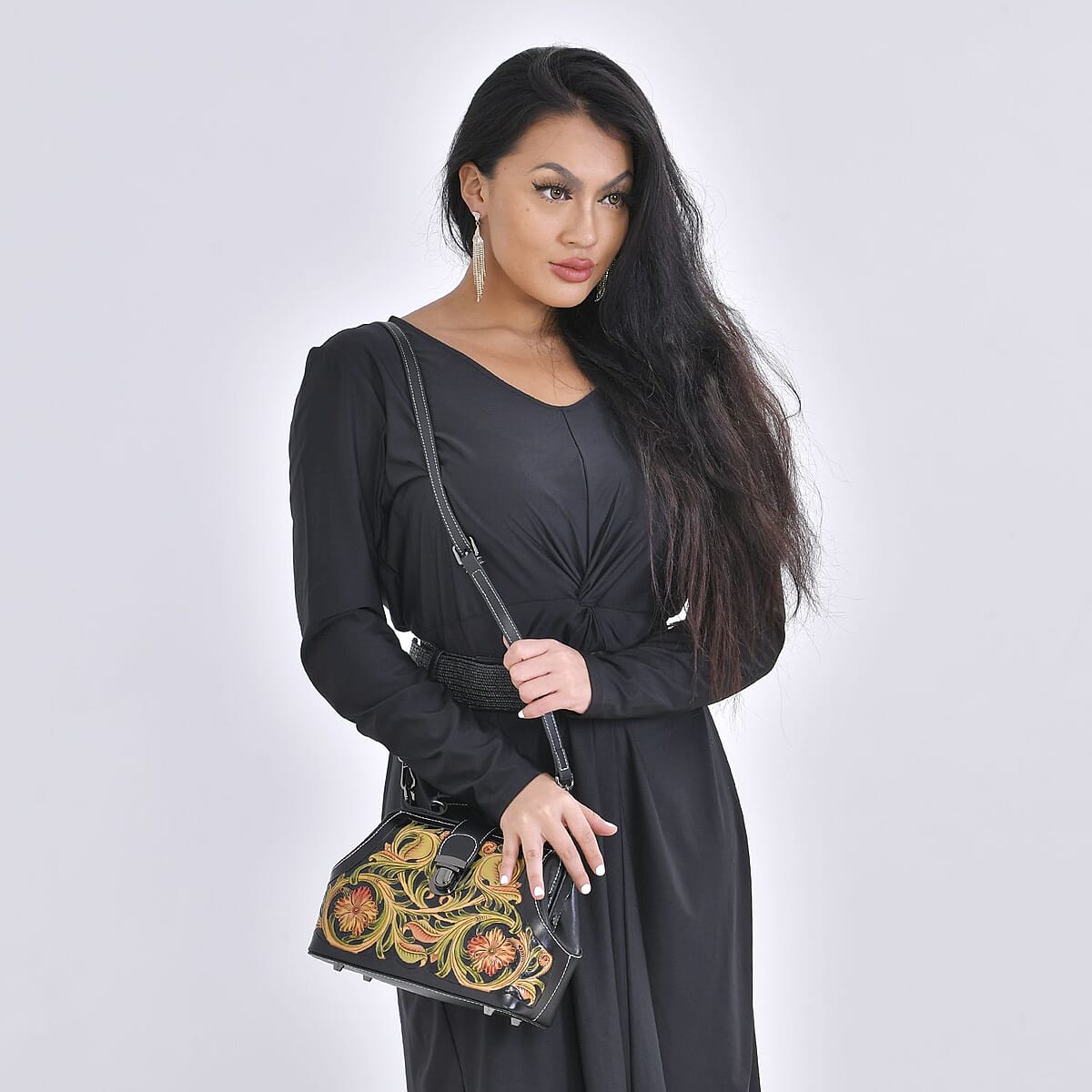 Grand Pelle Royal Collection Black with Multi Color Hand Engraving Flower Pattern Genuine Leather Crossbody Bag image number 1