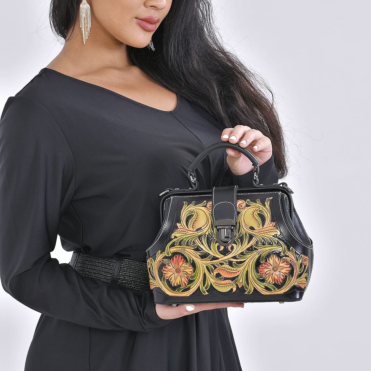 Grand Pelle Royal Collection Black with Multi Color Hand Engraving Flower Pattern Genuine Leather Crossbody Bag image number 2