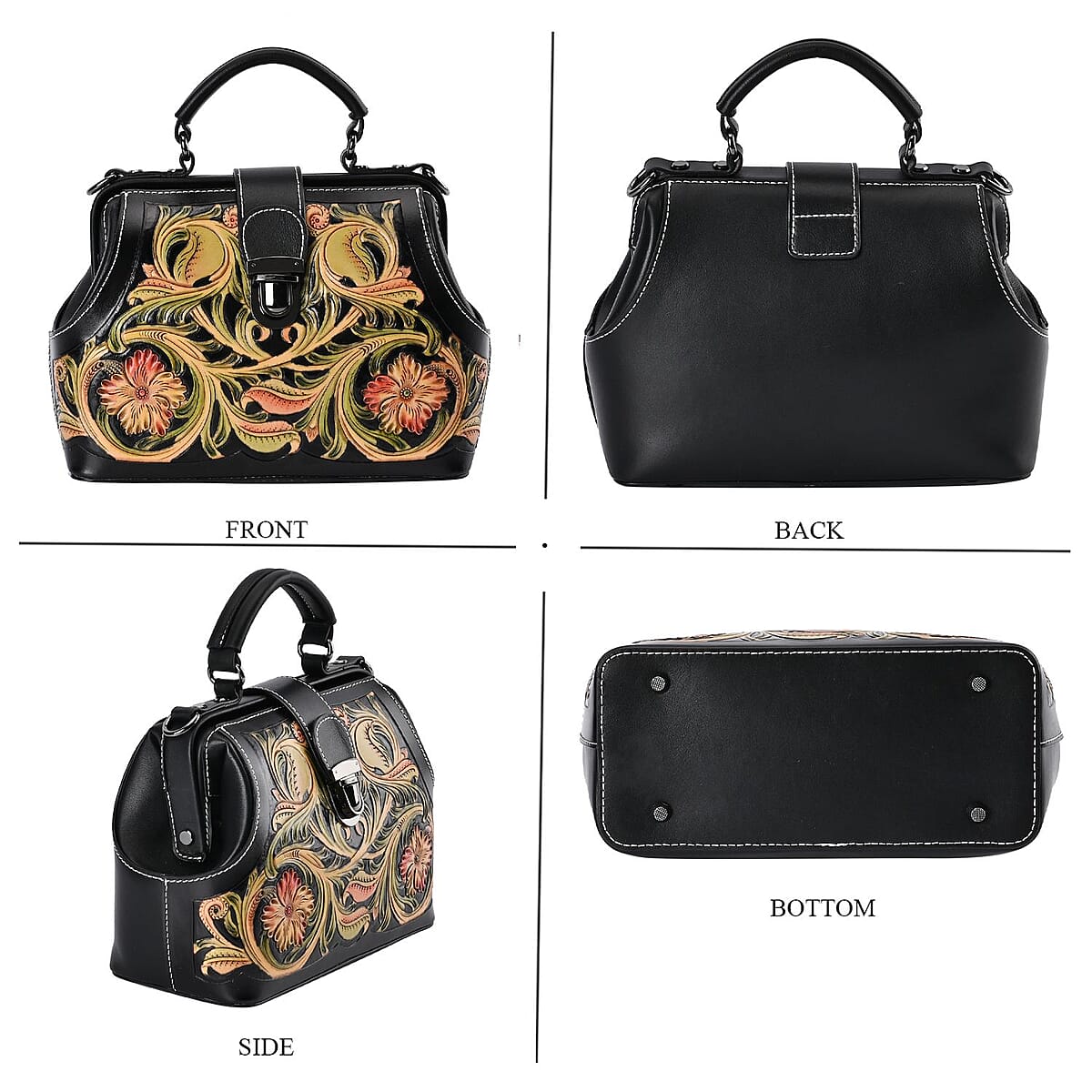 Grand Pelle Royal Collection Black with Multi Color Hand Engraving Flower Pattern Genuine Leather Crossbody Bag image number 3