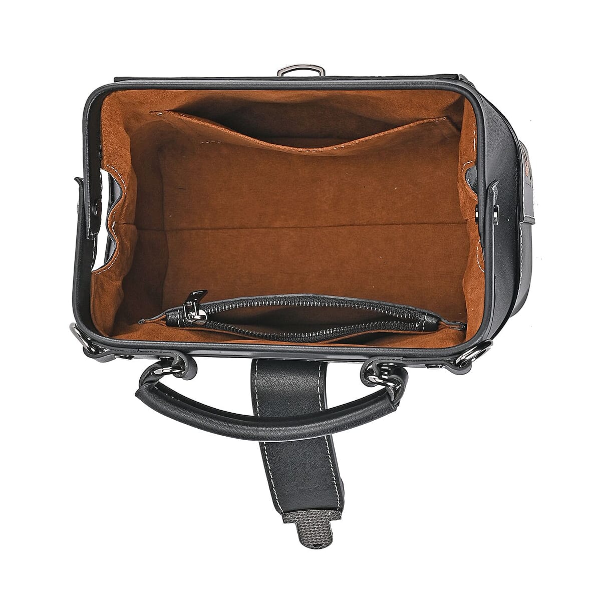 Grand Pelle Royal Collection Black with Multi Color Hand Engraving Flower Pattern Genuine Leather Crossbody Bag image number 4