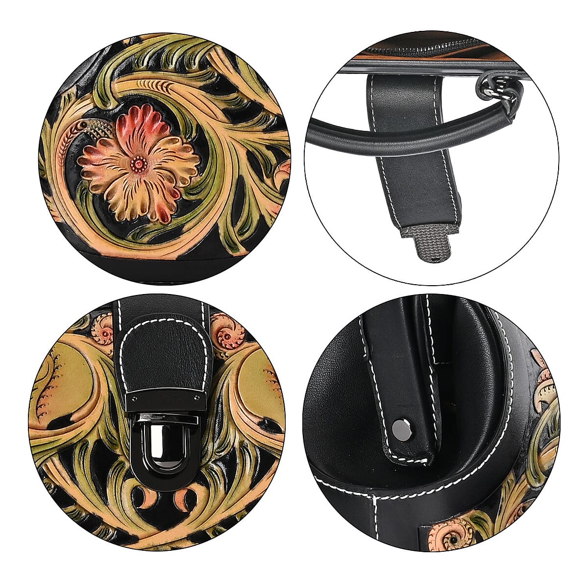 Grand Pelle Royal Collection Black with Multi Color Hand Engraving Flower Pattern Genuine Leather Crossbody Bag image number 5