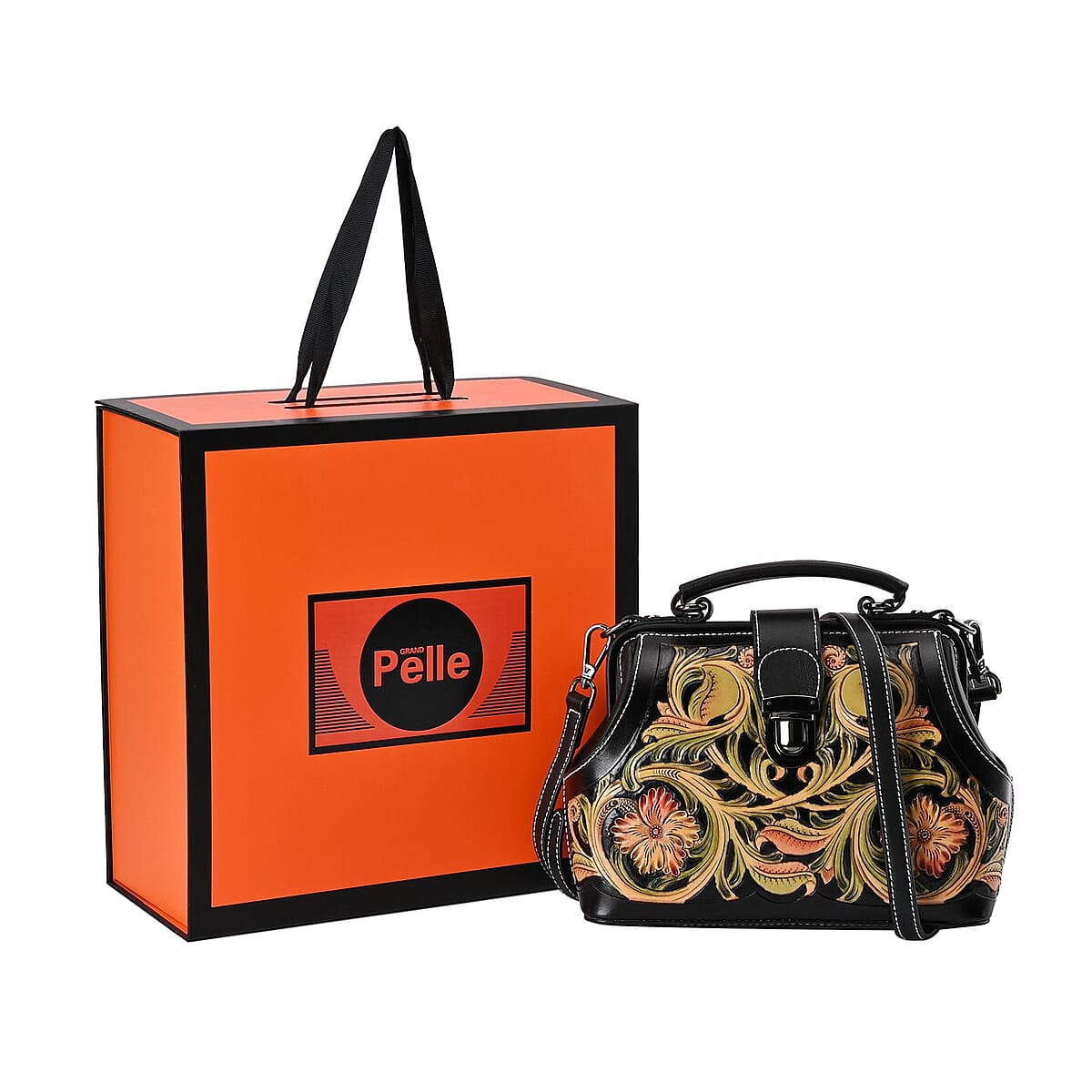 Grand Pelle Royal Collection Black with Multi Color Hand Engraving Flower Pattern Genuine Leather Crossbody Bag image number 6