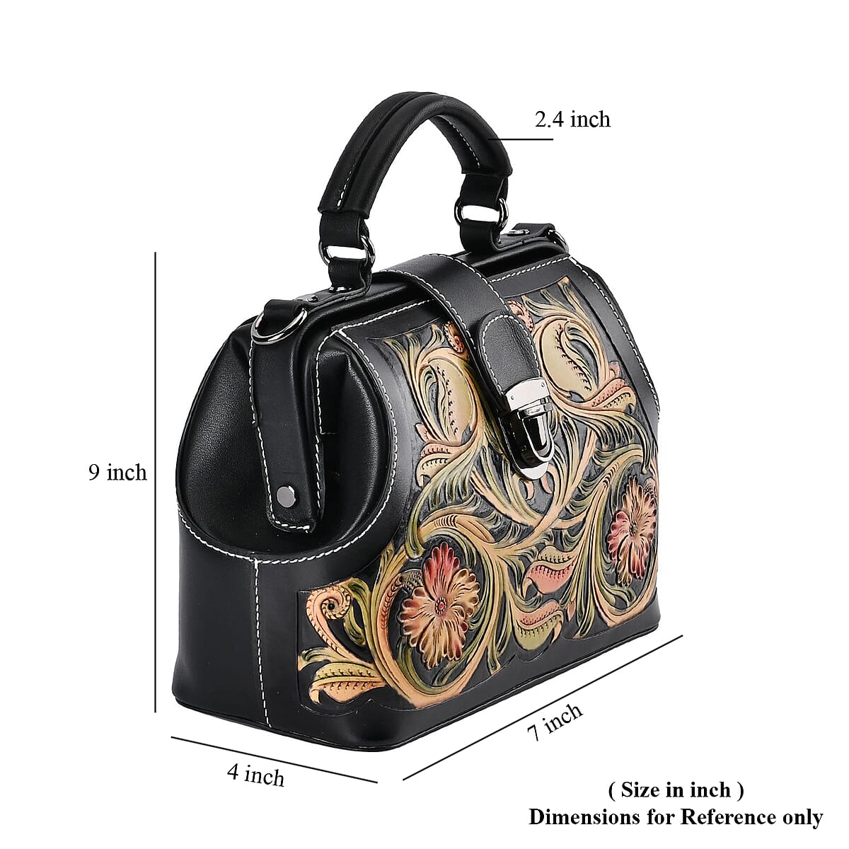 Grand Pelle Royal Collection Black with Multi Color Hand Engraving Flower Pattern Genuine Leather Crossbody Bag image number 7