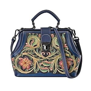 Grand Pelle Royal Collection Navy with Multi Color Hand Engraving Flower Pattern Genuine Leather Crossbody Bag