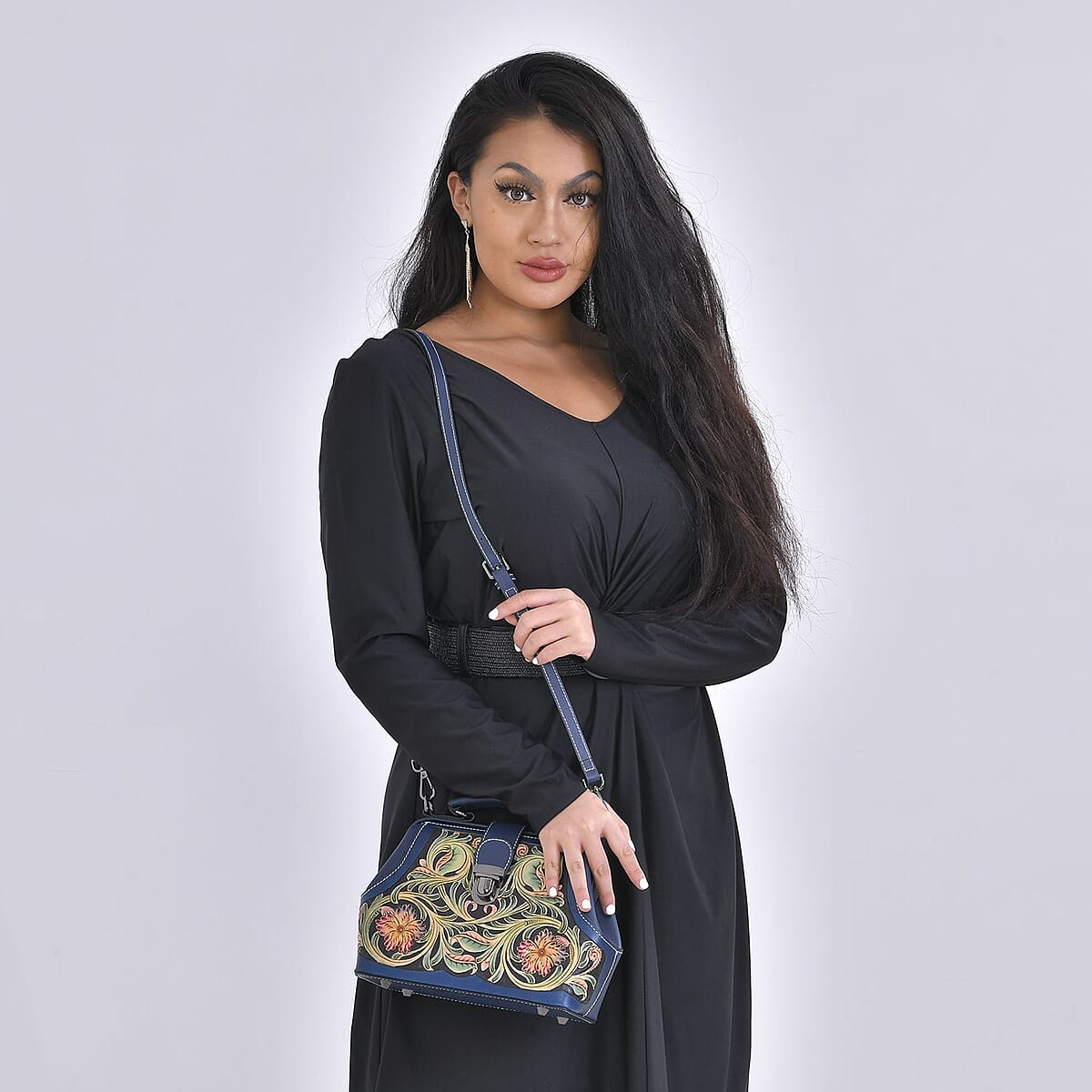 Grand Pelle Royal Collection Navy with Multi Color Hand Engraving Flower Pattern Genuine Leather Crossbody Bag image number 1