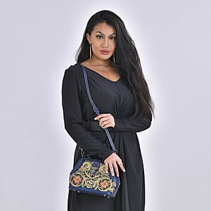 Grand Pelle Royal Collection Navy with Multi Color Hand Engraving Flower Pattern Genuine Leather Crossbody Bag