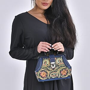 Grand Pelle Royal Collection Navy with Multi Color Hand Engraving Flower Pattern Genuine Leather Crossbody Bag