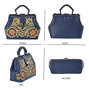 Grand Pelle Royal Collection Navy with Multi Color Hand Engraving Flower Pattern Genuine Leather Crossbody Bag