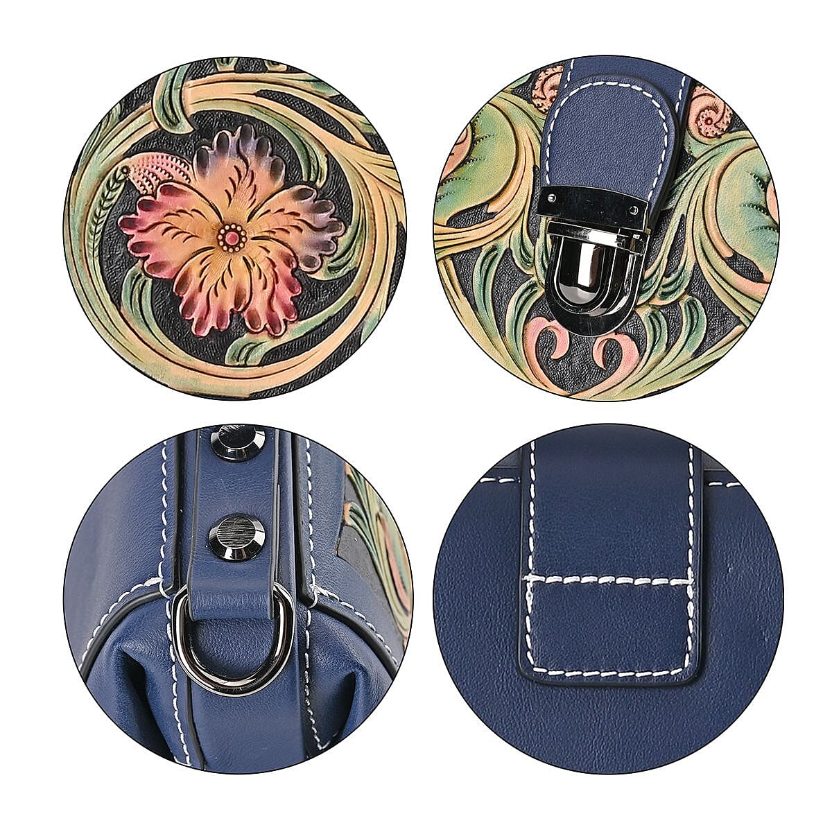 Grand Pelle Royal Collection Navy with Multi Color Hand Engraving Flower Pattern Genuine Leather Crossbody Bag image number 5